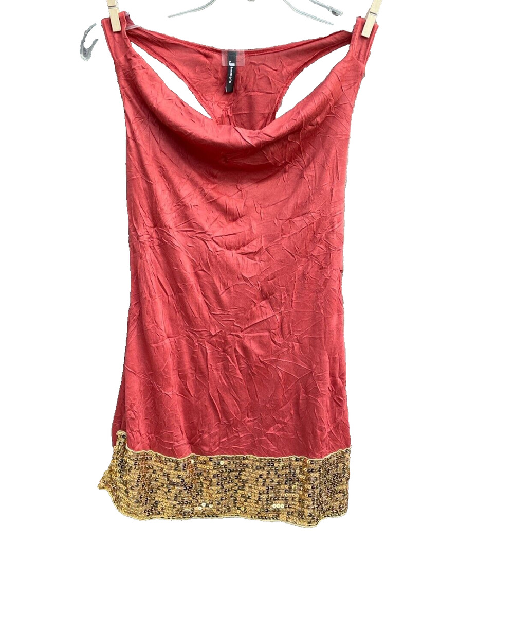 VTG Jimmy's Racerback Tank Mini Dress Crinkle w Sequin Bottom Rust/Gold Y2K Glam